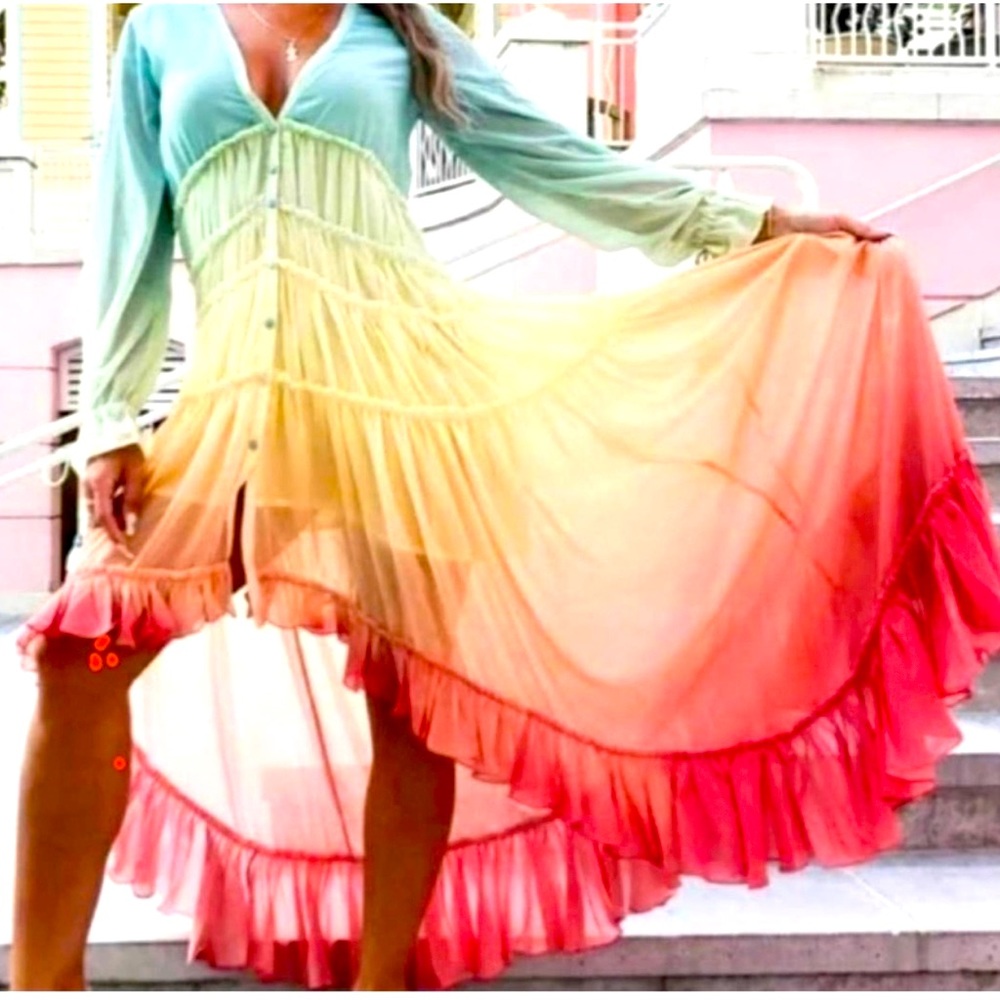 New For the Republic Ombré Rainbow Boho High Low Maxi Dress / Cover Up